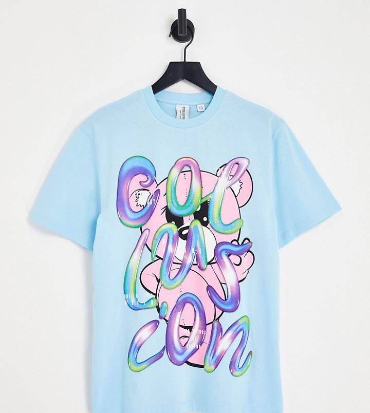 Collusion Bear Print Oversized T-shirt In Aqua-blue