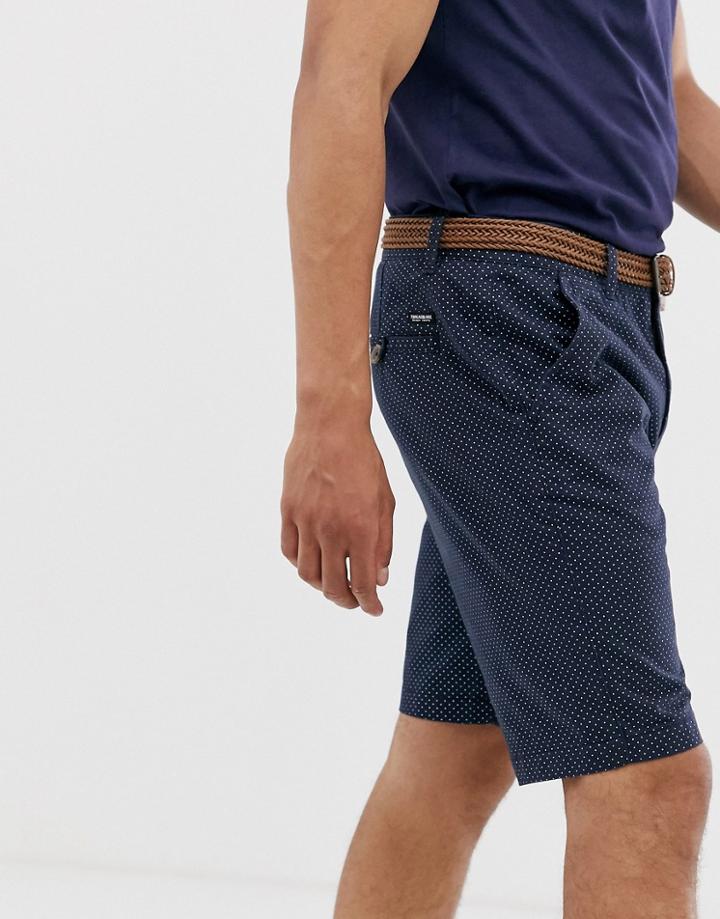 Threadbare Patterned Belted Chino Short In Navy - Navy