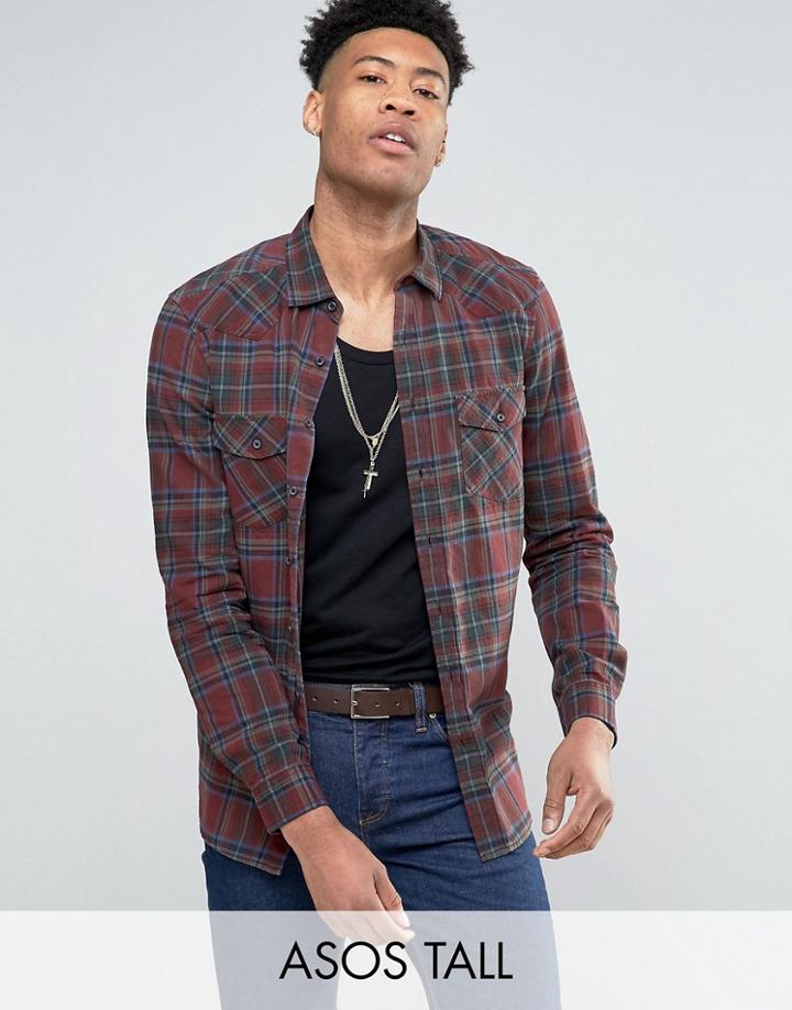Asos Tall Regular Fit Check Shirt In Burgundy - Red