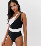 Miss Selfridge Exclusive One Shoulder Swimsuit In Monochrome - Multi