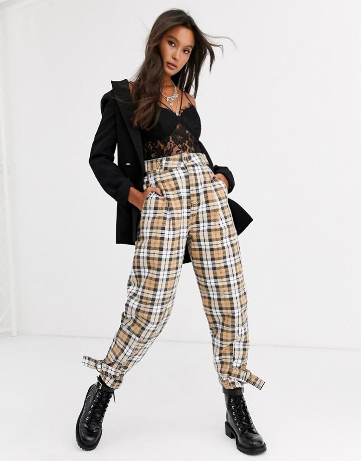 Asos Design Tapered Boyfriend Jeans With D-ring Waist Detail With Curved Seams In Check Print-multi