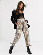 Asos Design Tapered Boyfriend Jeans With D-ring Waist Detail With Curved Seams In Check Print-multi
