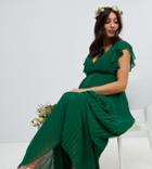 Tfnc Maternity Flutter Sleeve Bridesmaid Maxi Dress With Pleated Skirt - Green