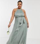 Asos Design Curve Bridesmaid Ruched Pinny Maxi Dress With Tie Waist Detail In Olive-green