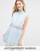 Asos Maternity Nursing Embroidered Dress In Chambray - Blue