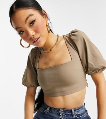 Vesper Petite Coordinating Puff Sleeve Crop Top In Taupe-neutral
