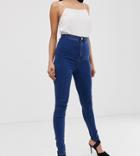 Asos Design Tall Rivington High Waisted Denim Jeggings In Flat Mid Wash Blue - Blue