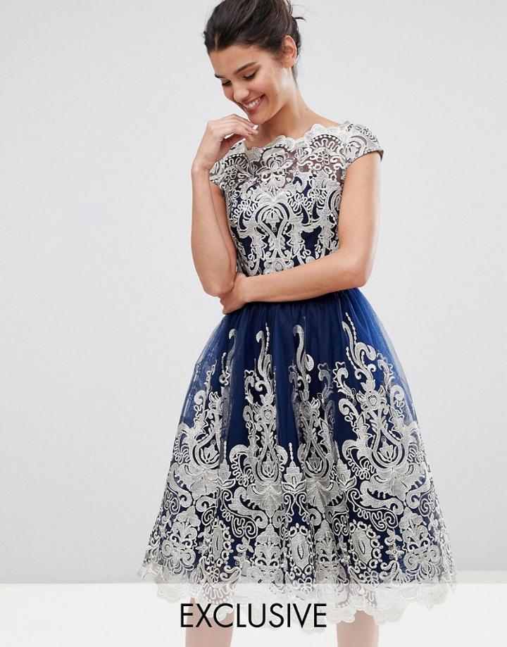 Chi Chi London Premium Metallic Lace Midi Prom Dress With Bardot Neck-navy