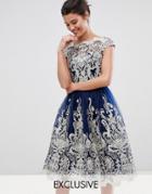 Chi Chi London Premium Metallic Lace Midi Prom Dress With Bardot Neck-navy