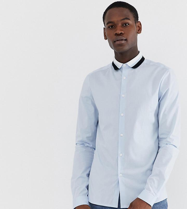Asos Design Tall Skinny Fit Shirt In Light Blue With Rib Detail - Blue