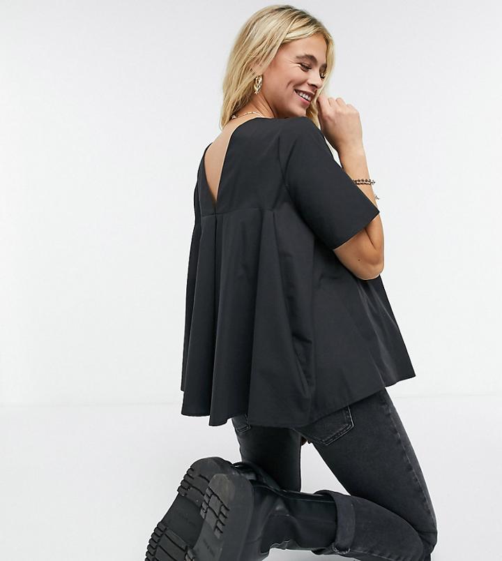 Asos Design Maternity Short Sleeve Cotton Top With Pleat Back Detail In Black