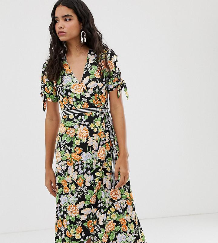 Miss Selfridge Wrap Midi Tea Dress With Striped Belt In Floral - Black