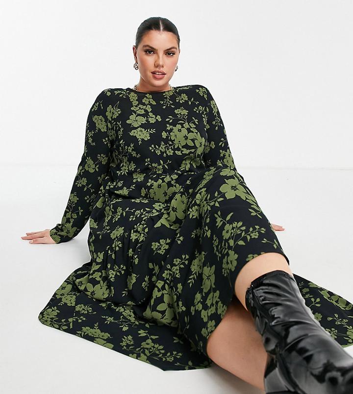 Asos Design Curve Long Sleeve Tiered Smock Midi Dress In Khaki Floral Print-multi