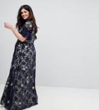 Frock And Frill Plus Allover Floral Embroidered Lace Maxi Dress With Flutter Sleeve - Navy