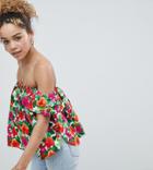 Asos Design Petite Cotton Off Shoulder Top In Tropical Floral - Multi