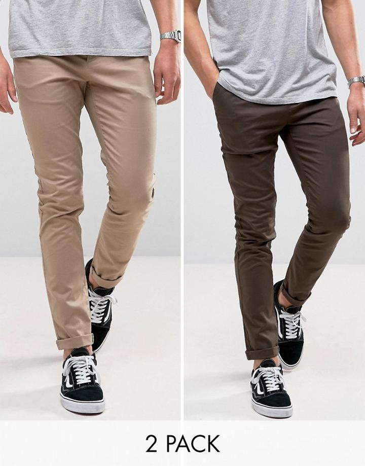 Asos 2 Pack Skinny Chinos In Brown & Stone Save - Multi