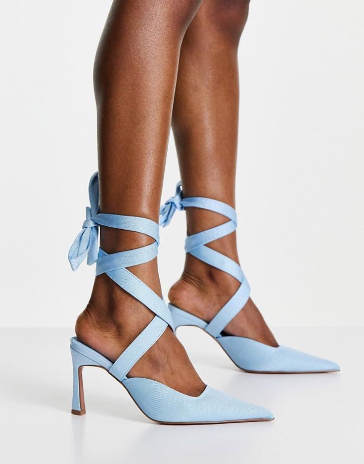 Asos Design Saffi Tie Leg Mid Heeled Shoes In Blue-blues