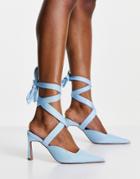 Asos Design Saffi Tie Leg Mid Heeled Shoes In Blue-blues