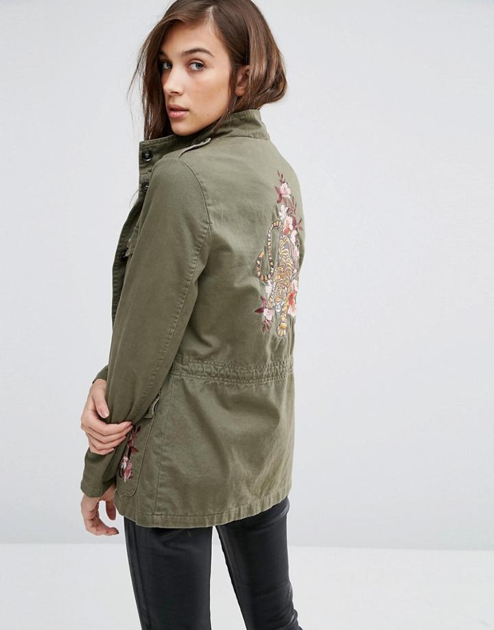 New Look Utility Jacket With Tiger Embroidered Back - Green