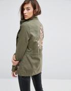 New Look Utility Jacket With Tiger Embroidered Back - Green