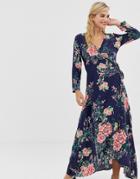 Liquorish Floral Maxi Dress With Front Splits And Wrap Front Detail-multi