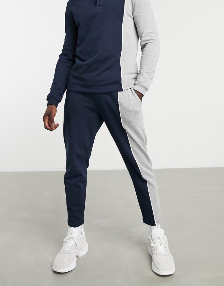 Asos Design Set Tapered Sweatpants With Fixed Hem With Vertical Color Block Panels & Piping-navy