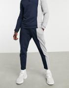 Asos Design Set Tapered Sweatpants With Fixed Hem With Vertical Color Block Panels & Piping-navy