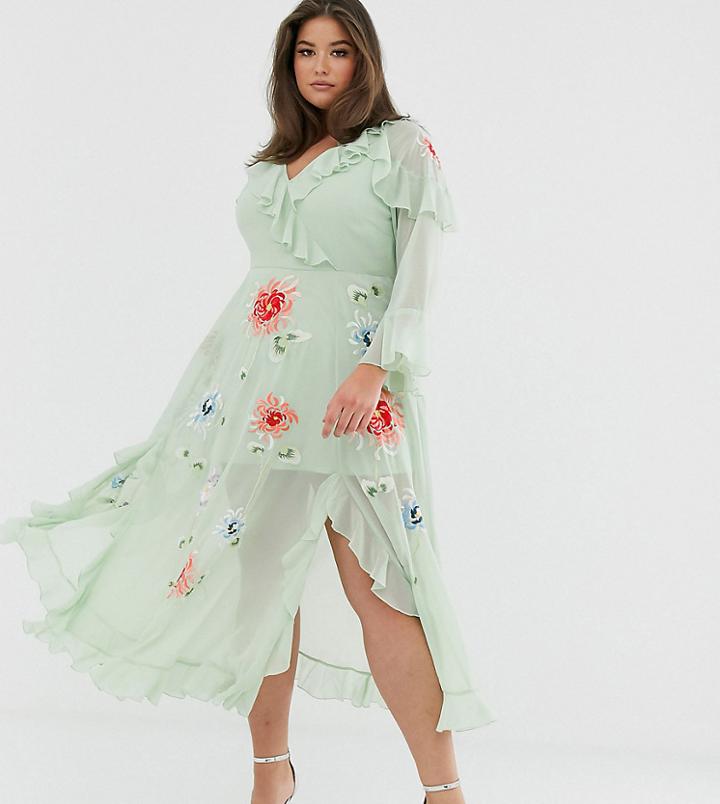 Asos Design Curve Embroidered Wrap Maxi Dress - Green
