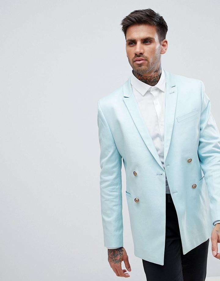Asos Double Breasted Skinny Blazer In Blue With Gold Buttons - Blue