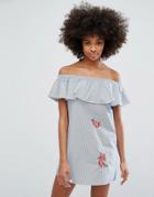 Only Off The Shoulder Stripe Dress With Embroidery - White