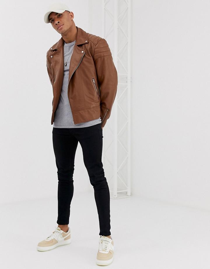 Asos Design Leather Biker Jacket In Tan - Tan
