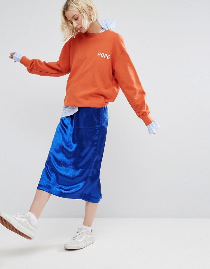 Stylenanda A Line Midi Skirt In Metallic Satin - Blue