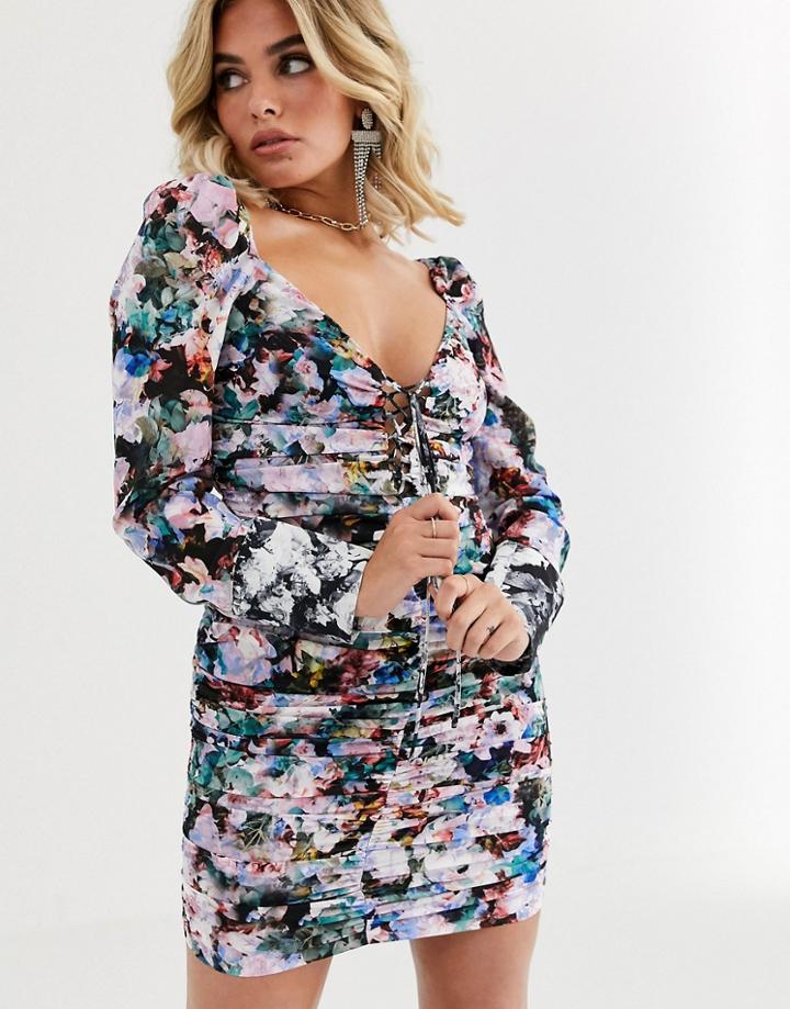 Vestire Rushmore Floral Printed Ruched Bodycon Mini Dress-multi