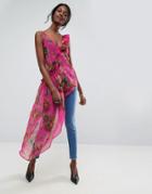 Asos Asymmetric Cami With Ruffle In Bright Pink Floral - Multi
