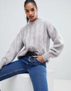 Boohoo High Neck Cable Knit Sweater In Space Gray - Gray