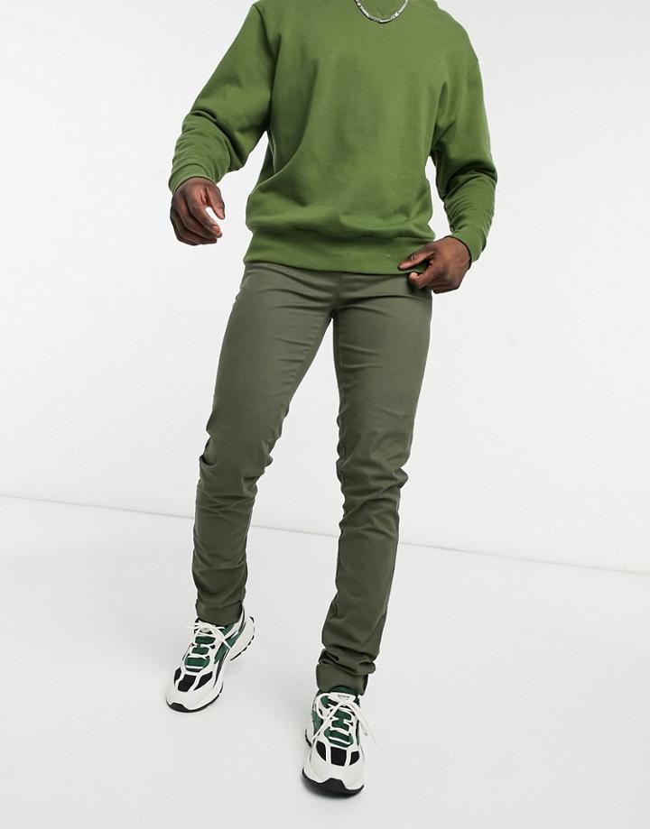 Asos Design Skinny Chinos With Stacked Hem In Khaki-green