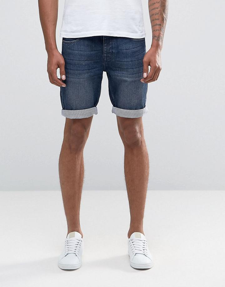 Asos Denim Shorts In Slim Mid Blue With Stripe Turn Up - Blue