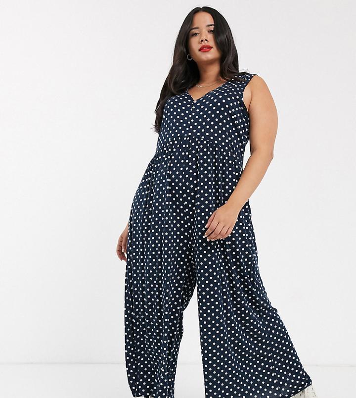 Asos Design Curve Curved Smock Jumpsuit In Navy Polka Dot-multi