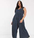 Asos Design Curve Curved Smock Jumpsuit In Navy Polka Dot-multi