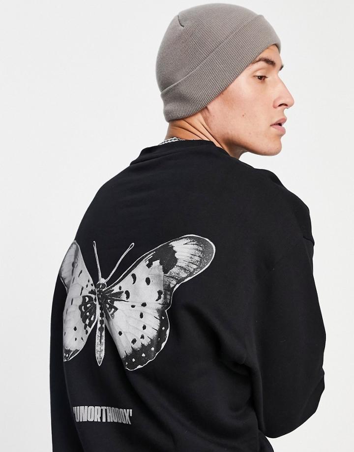 Asos Design Organic Blend Oversized Sweatshirt In Black With Gothic Butterfly Back Print