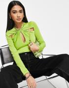 River Island Twist Front Cut Out Long Sleeved Top In Lime-green