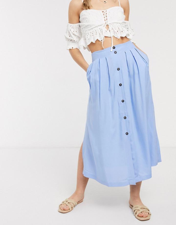 Asos Design Button Front Midi Skirt In Blue-blues