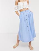 Asos Design Button Front Midi Skirt In Blue-blues