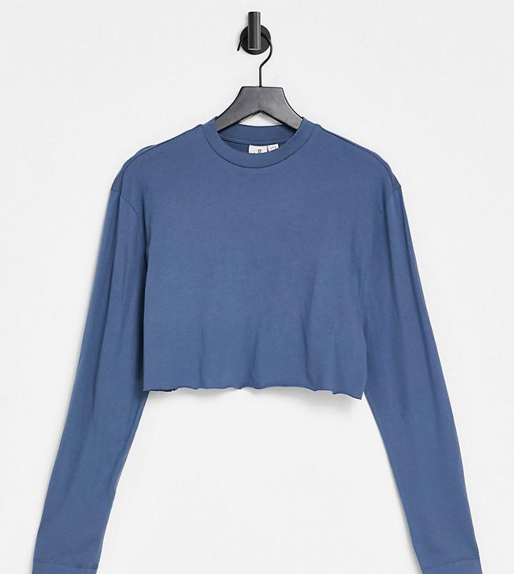 Collusion Organic Cotton Raw Hem Crop Long Sleeve T-shirt In Blue-blues