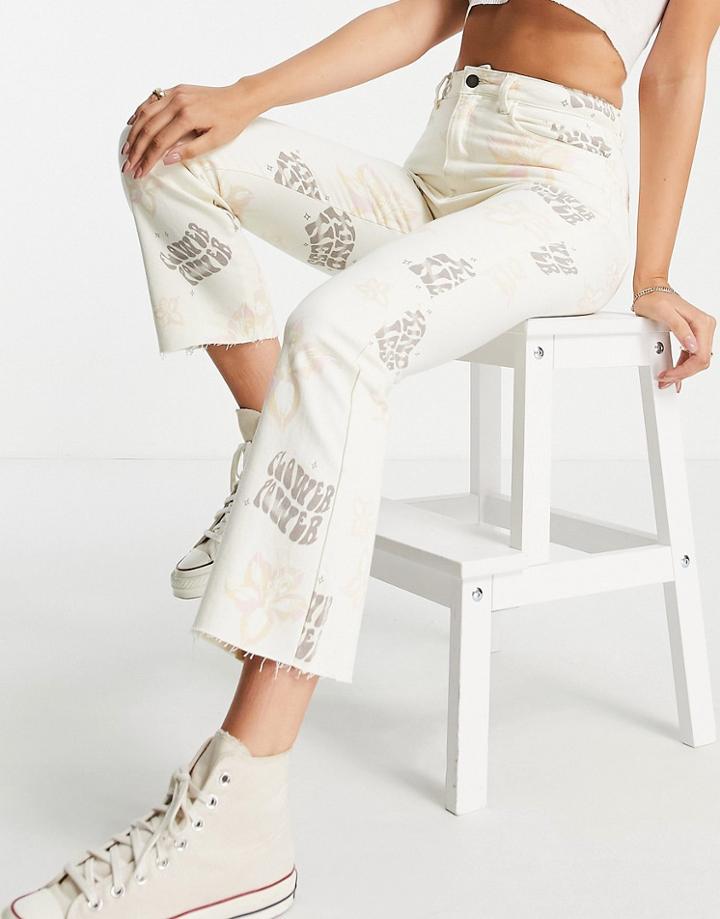Stradivarius Retro Print Straight Leg Jean With Raw Hem In Ecru-neutral