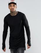 Asos Fine Rib Super Longline Muscle Long Sleeve T-shirt With Thumbholes In Black - Black