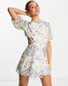 Asos Design Lace Insert Cutout Tea Mini Dress In Mixed Print-multi