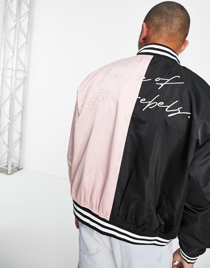 Liquor N Poker Spliced Varsity Bomber In Black And Pink With Mountain Embroidery-multi