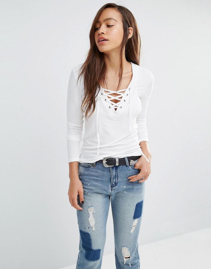 Only Lace Up Ribbed Jersey Top - Cloud Dancer