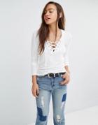 Only Lace Up Ribbed Jersey Top - Cloud Dancer